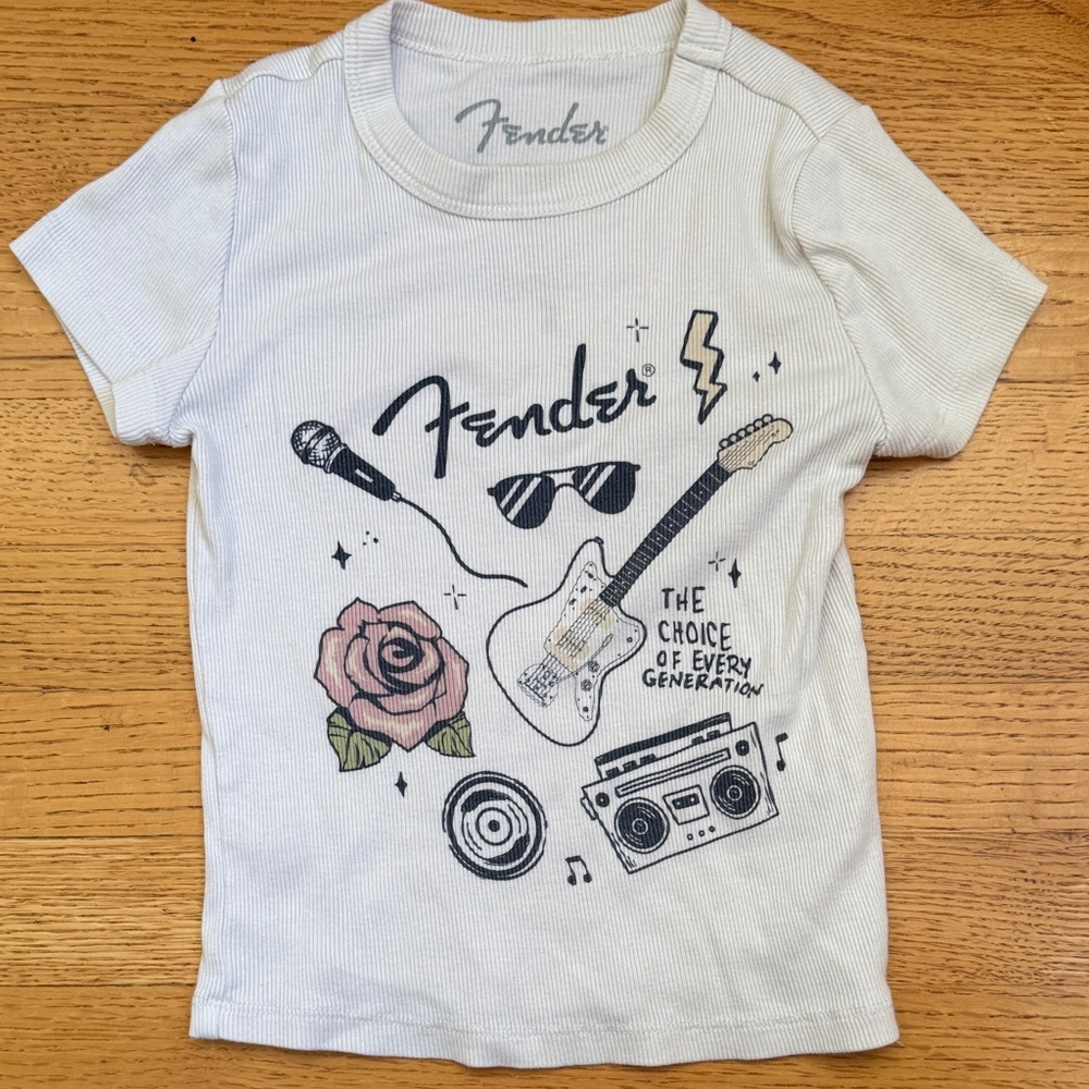 Fender Kids Tee - White with Black and Pink Graphics